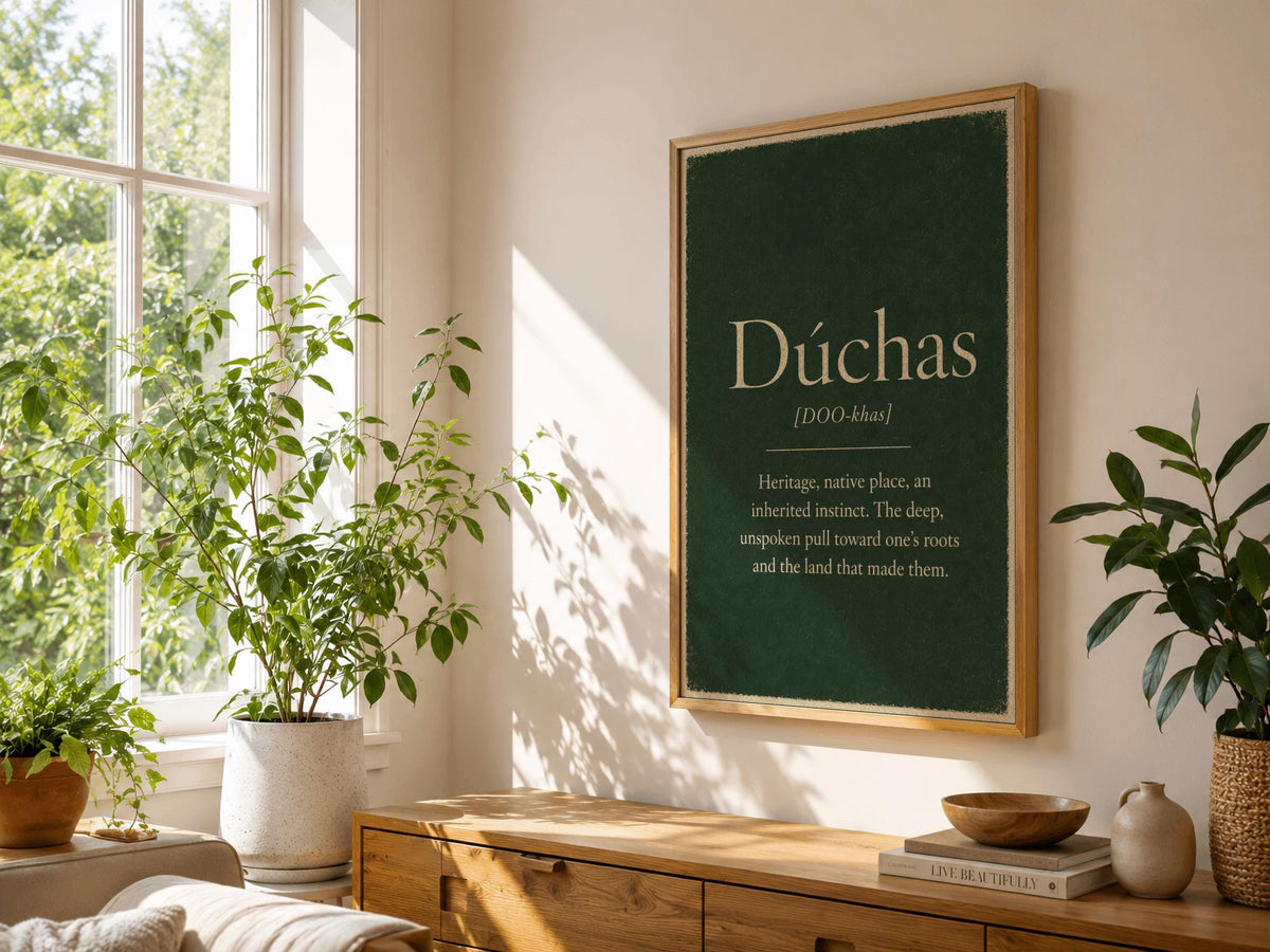 Dúchas Irish definition print – landscape wooden frame wall mockup