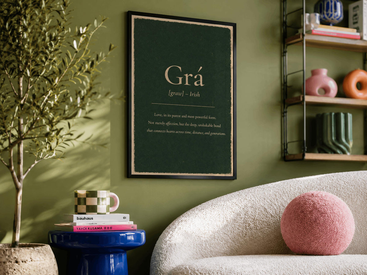 Grá Irish definition print – landscape black frame wall mockup