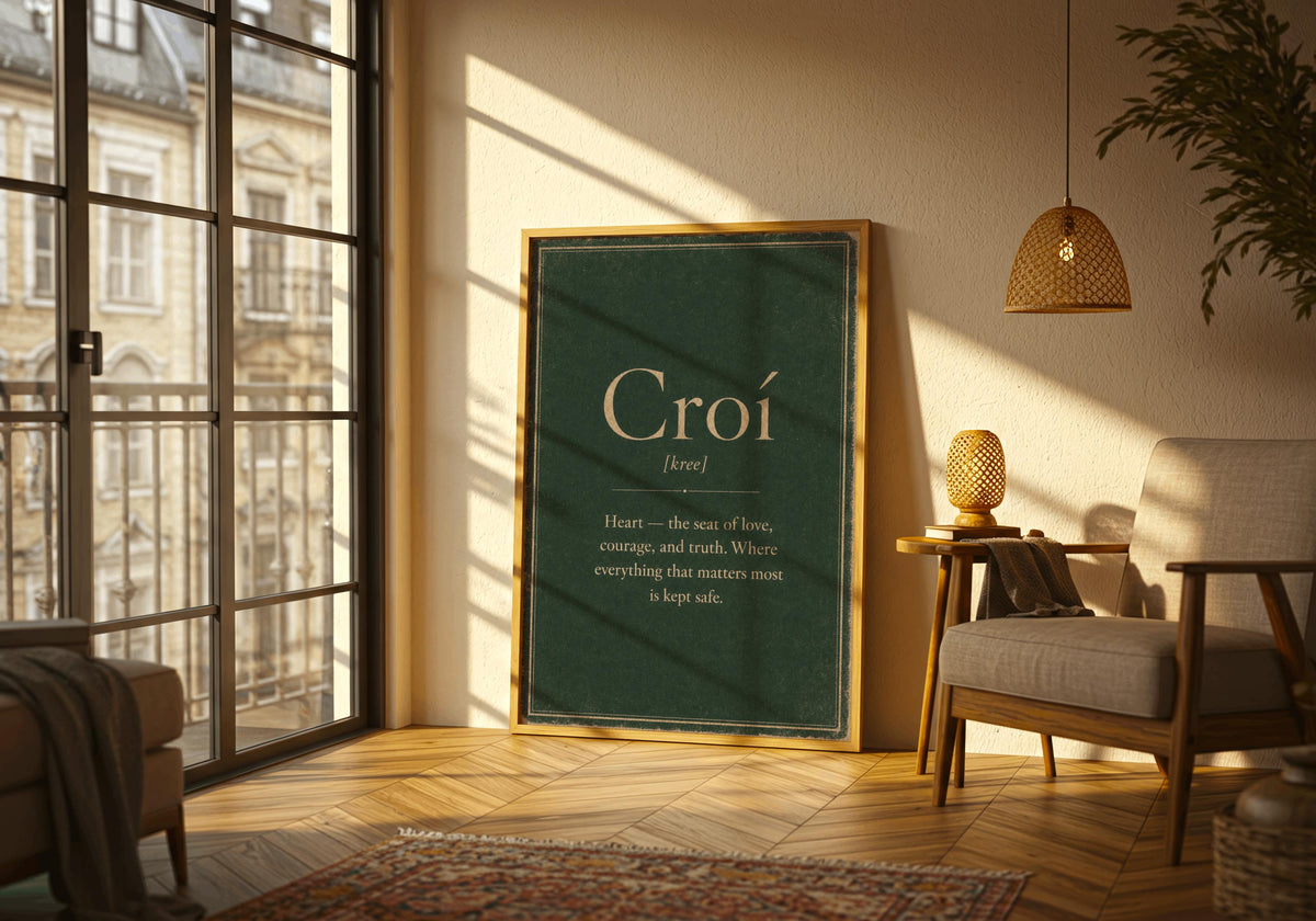 Croí Irish definition print – wooden frame mockup