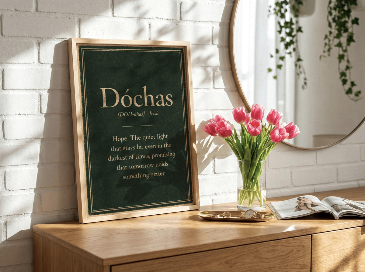 Dóchas Irish definition print – framed print on the wall