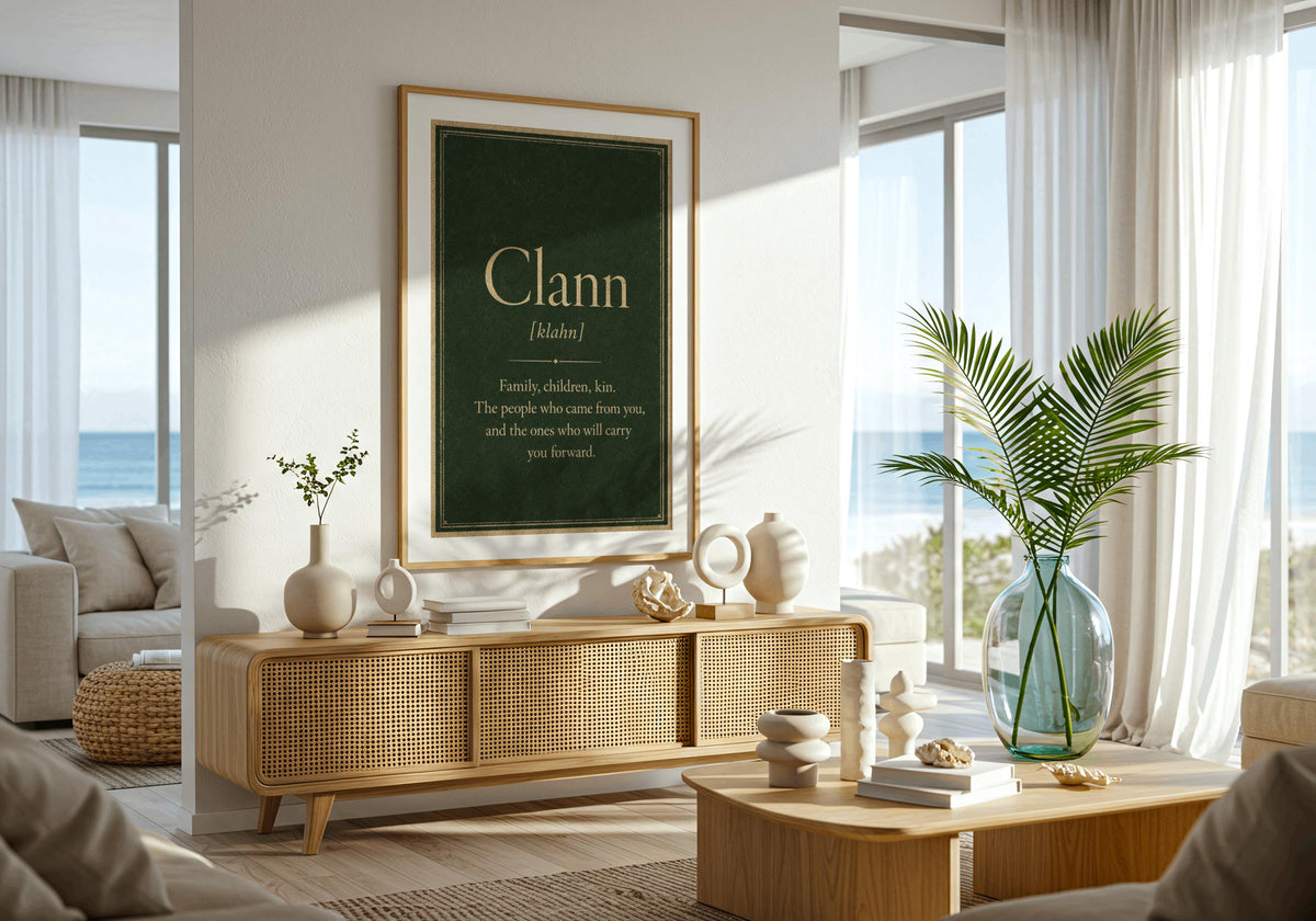 Clann Irish definition print – light wood frame mockup