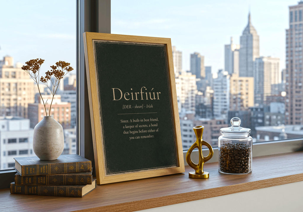 Deirfiúr Irish definition print – light wood frame mockup
