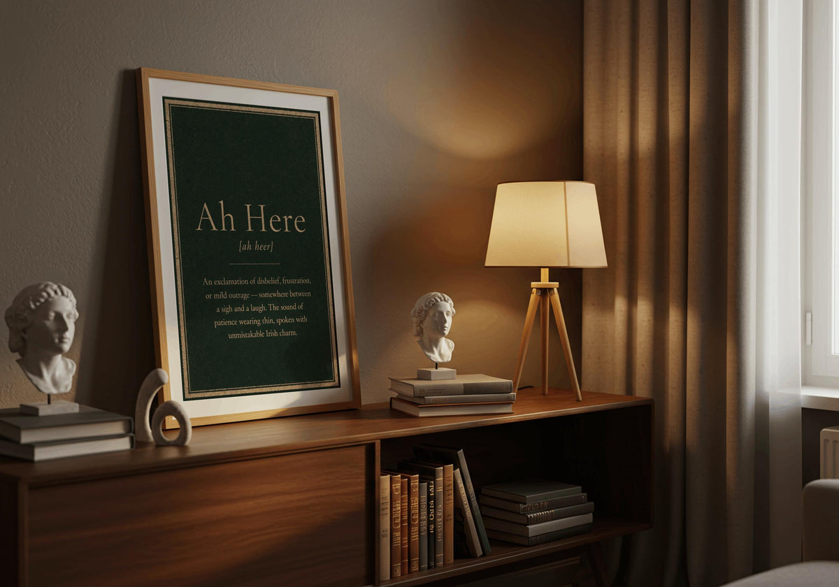 Ah Here Irish definition print – light wood frame mockup