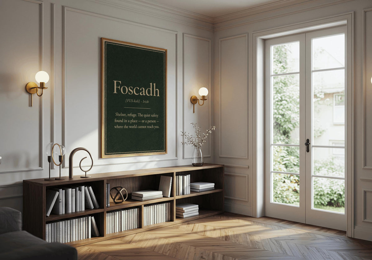 Foscadh Irish definition print – gold frame mockup