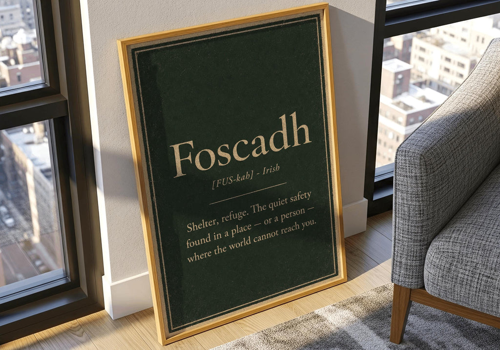 Foscadh Irish definition print – light wood frame mockup