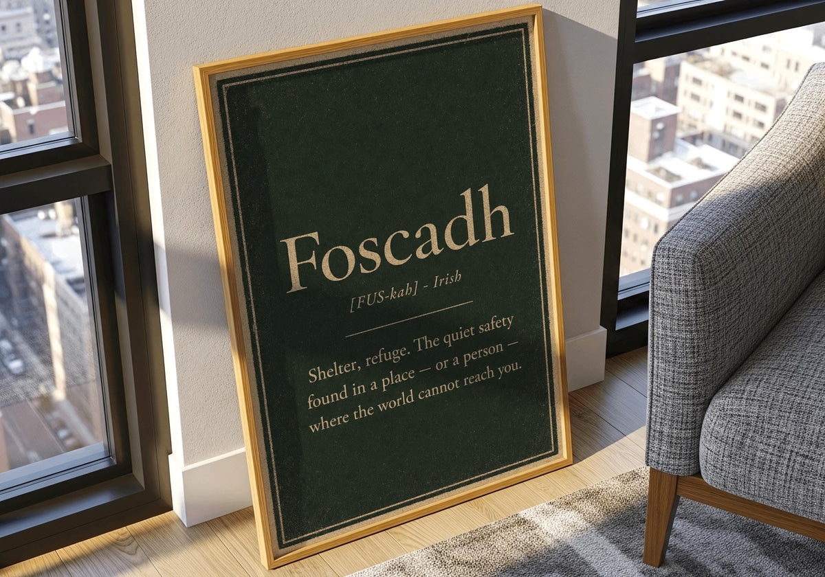 Foscadh Irish definition print – light wood frame mockup
