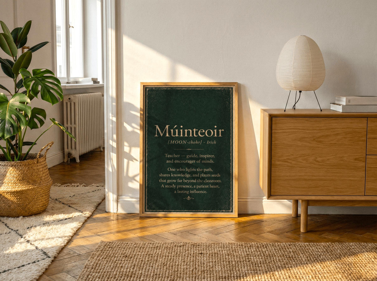 Múinteoir Irish definition print – light wood frame mockup