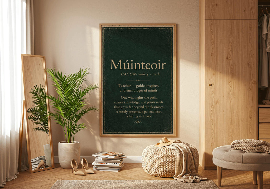 Múinteoir Irish definition print – light wood frame mockup
