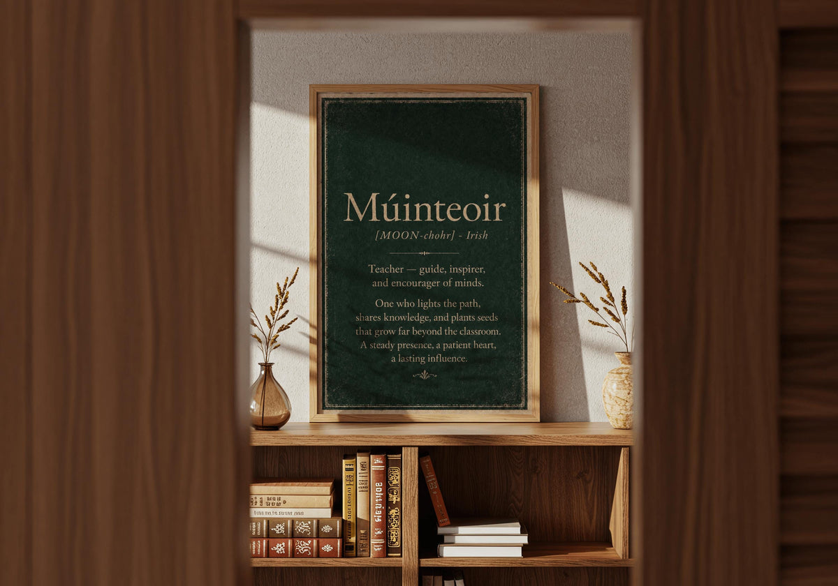 Múinteoir Irish definition print – light wood frame mockup