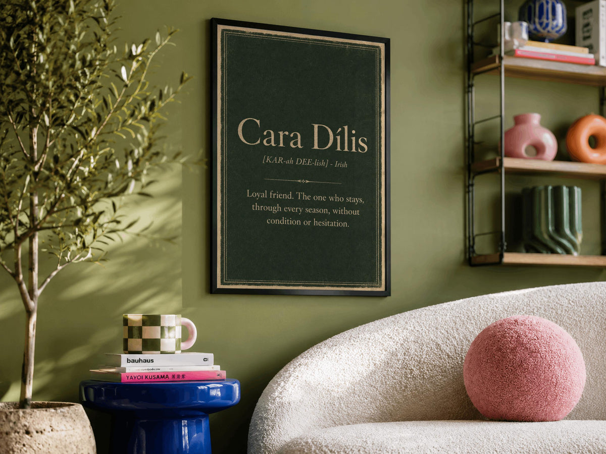 Cara Dílis Irish definition print – landscape black frame wall mockup