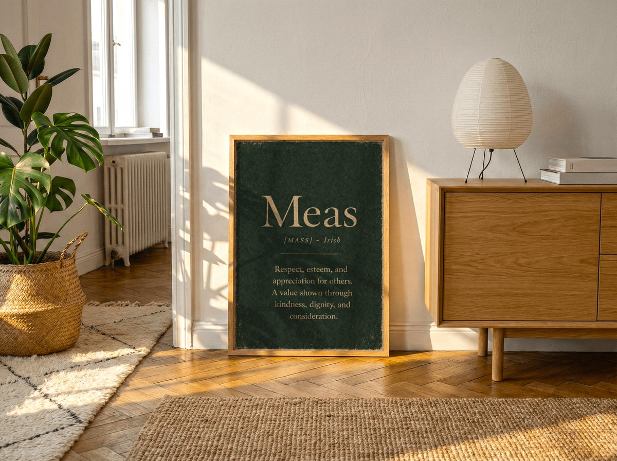 Meas Irish definition print – landscape framed wall mockup