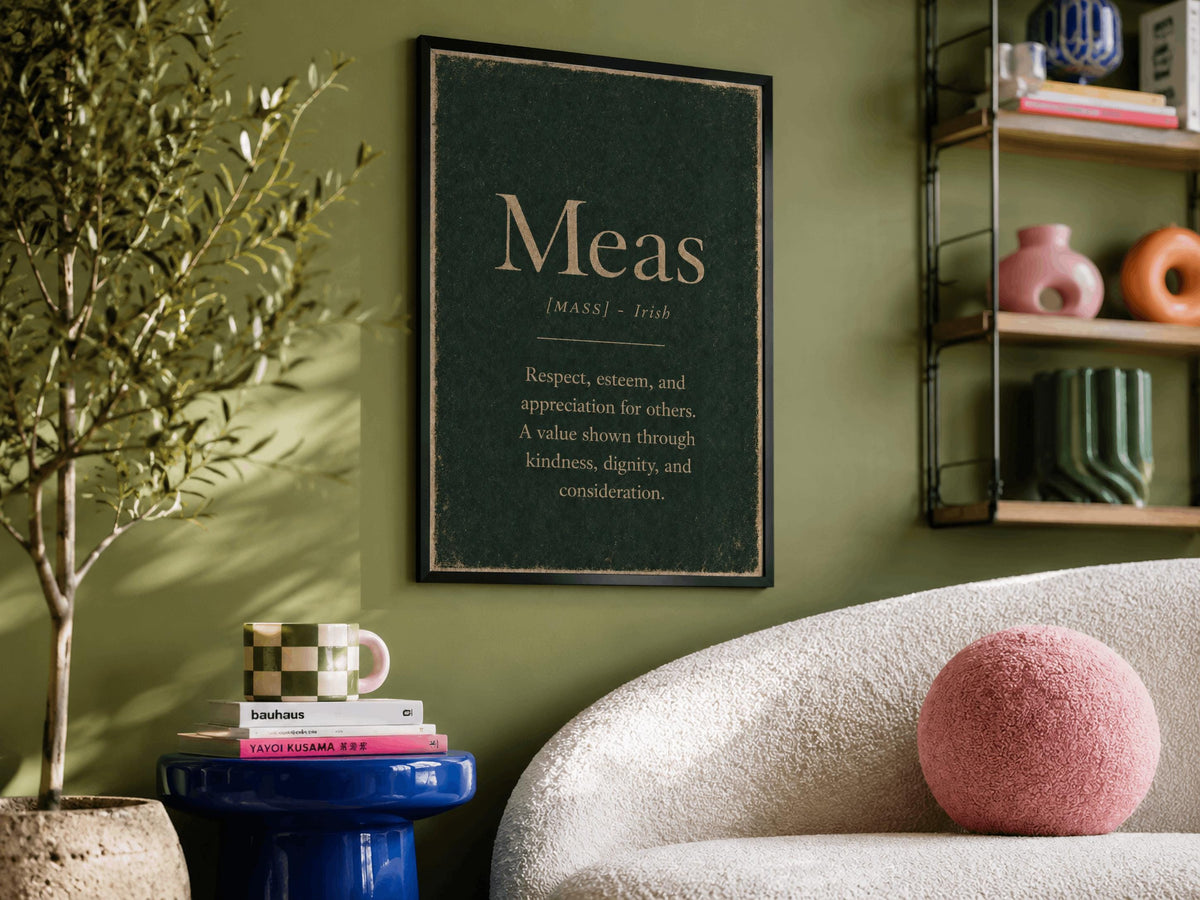 Meas Irish definition print – landscape black frame wall mockup