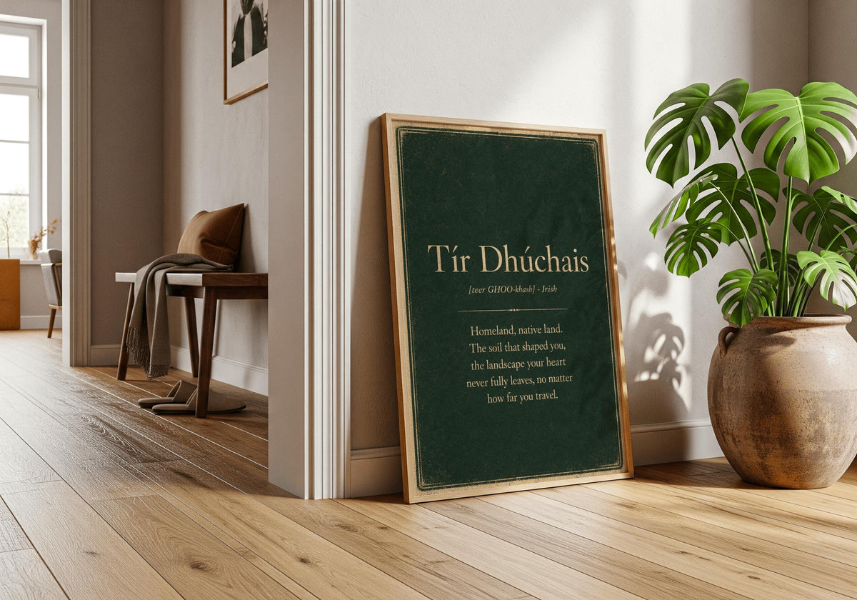 Tír Dhúchais Irish definition print – framed wall mockup