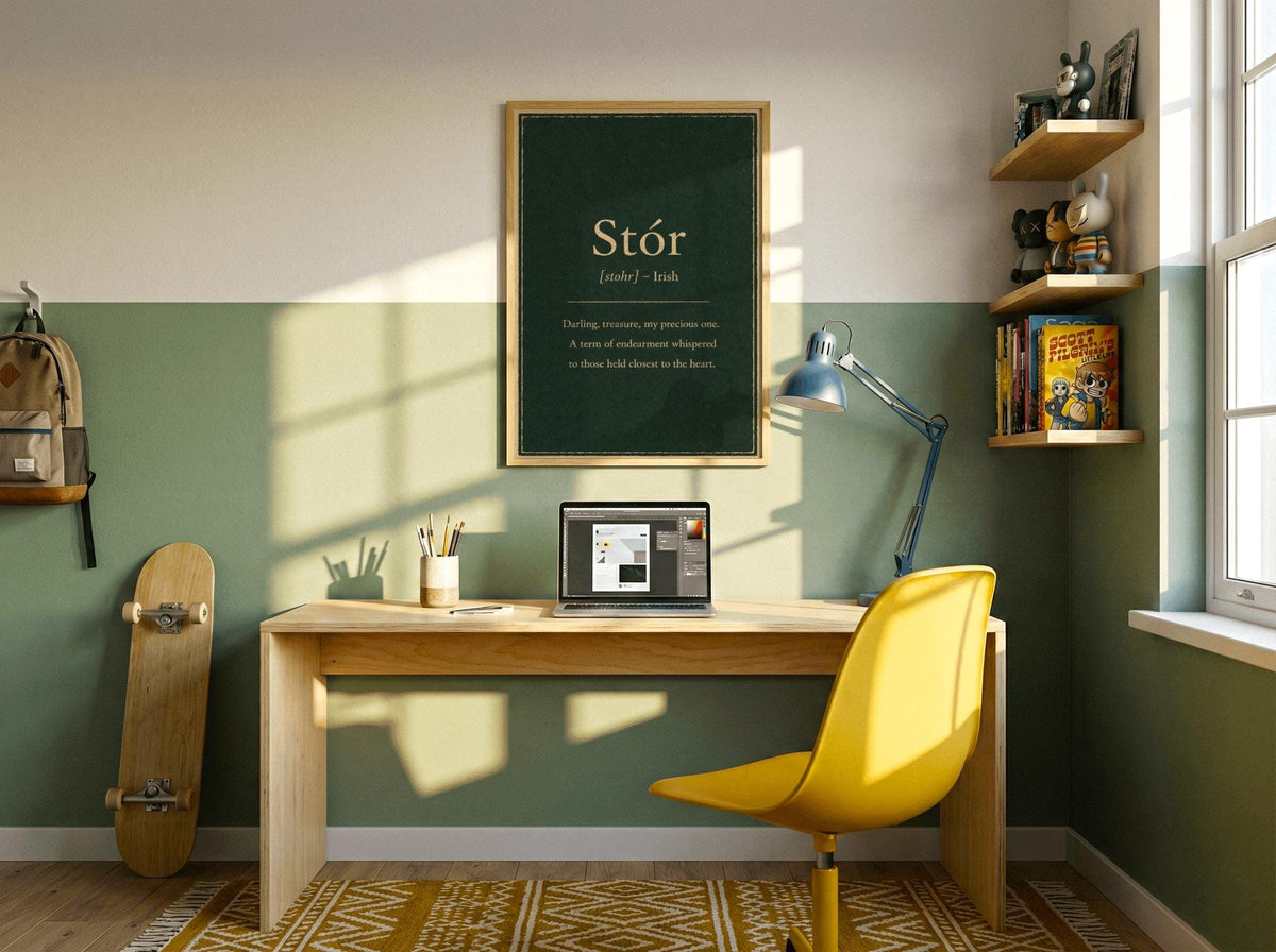 Stór Irish definition print – wooden frame in a home office