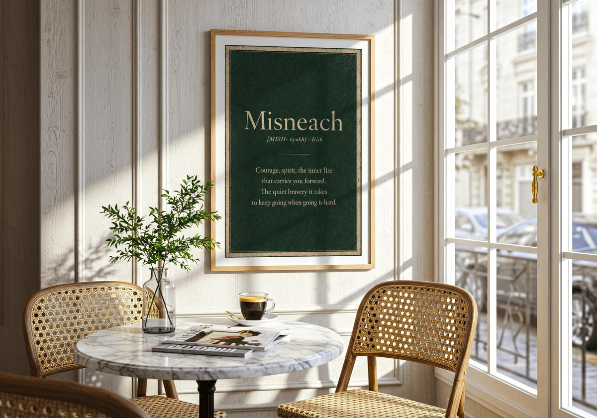Misneach Irish definition print – framed wall mockup