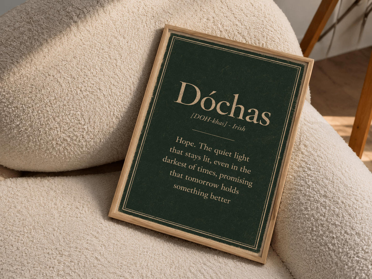 Dóchas Irish definition print – light wood frame mockup