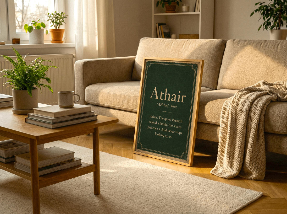 Athair Irish definition print – light wood frame mockup