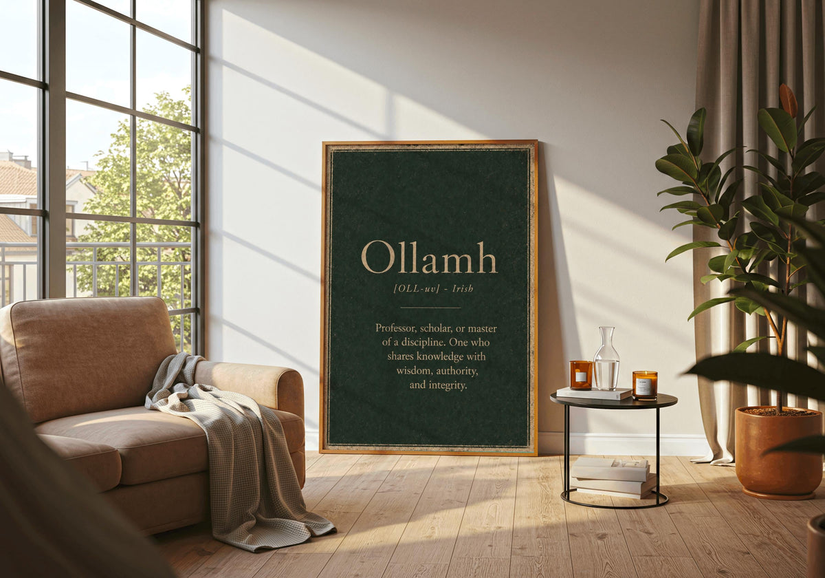 Ollamh Irish definition print – landscape wooden frame wall mockup