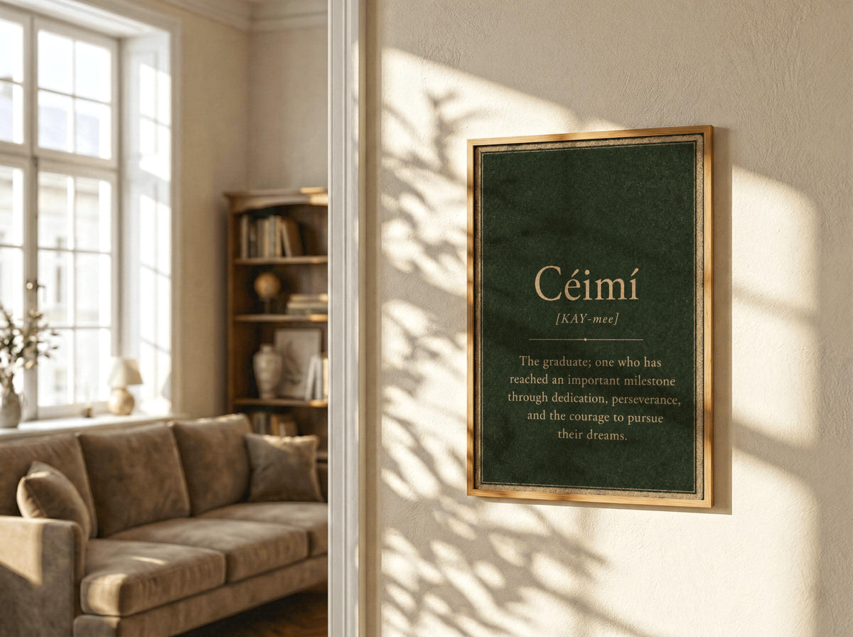 Céimí Irish definition print – light wood frame mockup