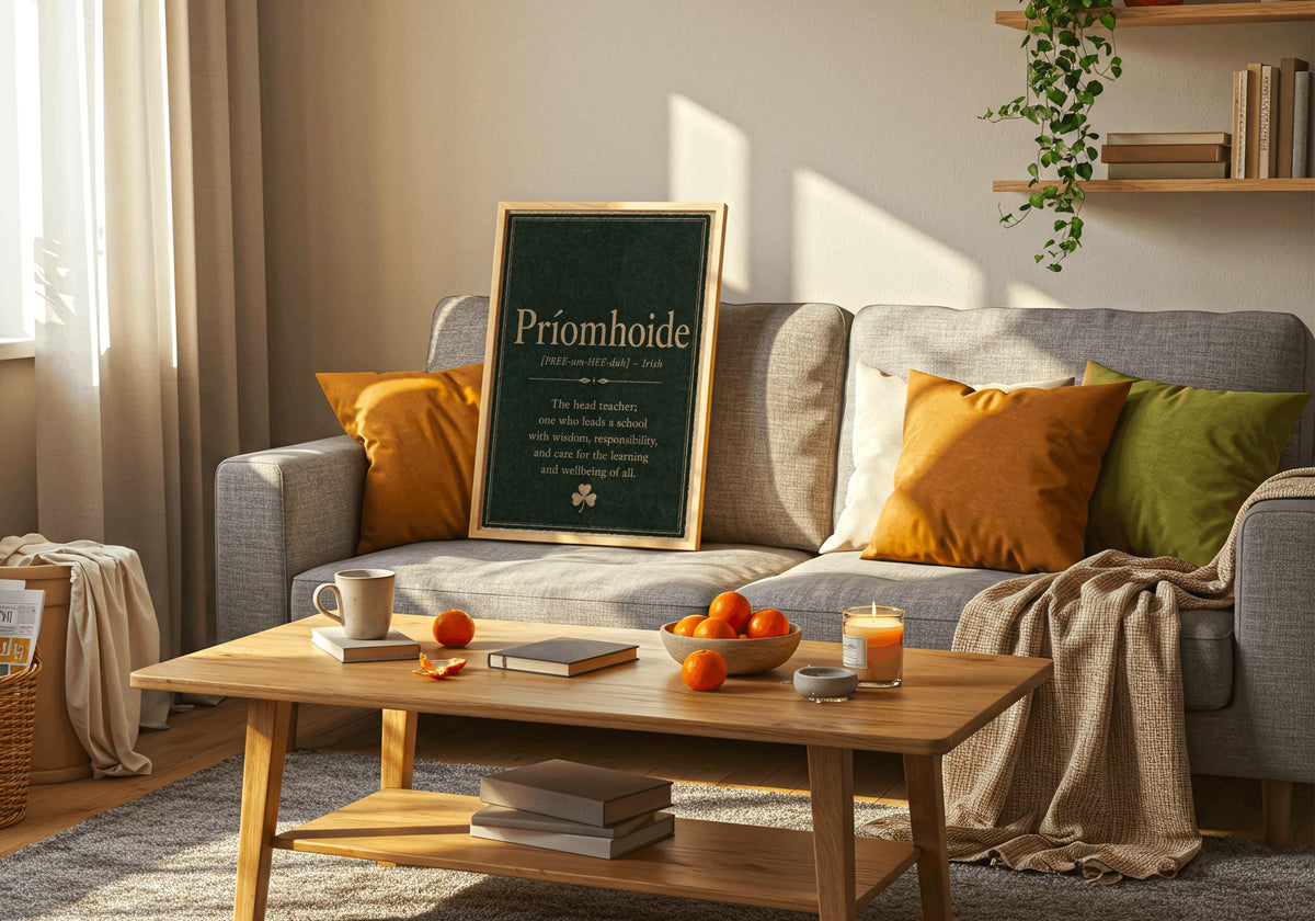 Príomhoide Irish definition print – light wood frame mockup