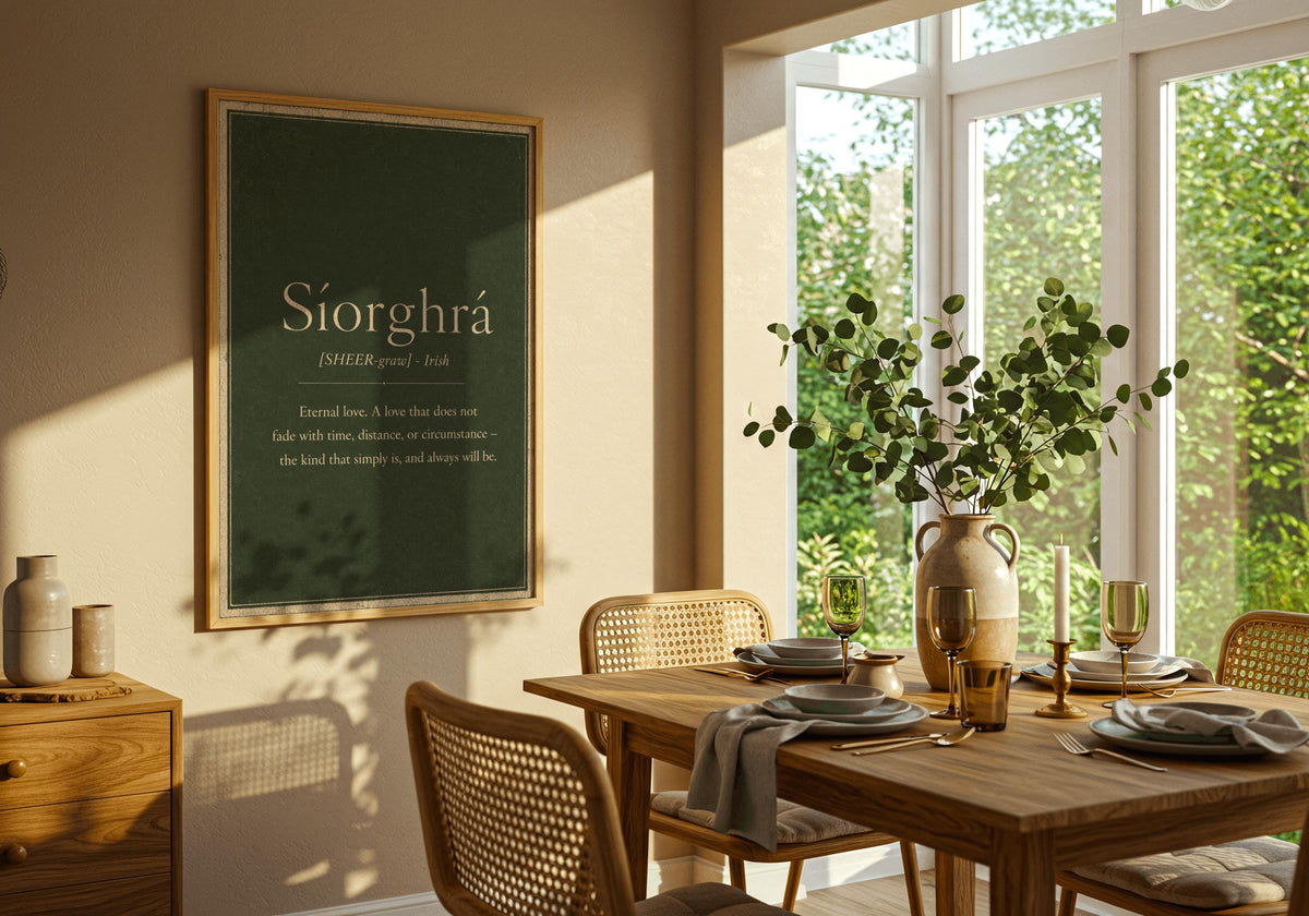 Síorghrá Irish definition print – light wood frame mockup