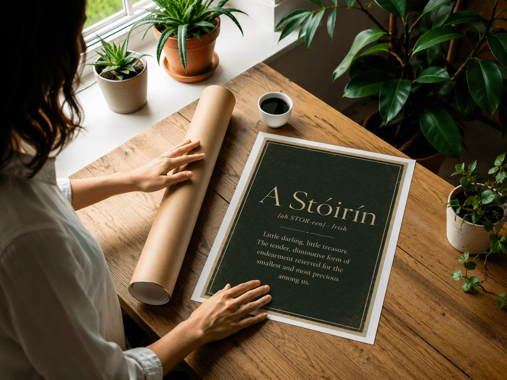 A Stóirín Irish definition print – wooden frame mockup