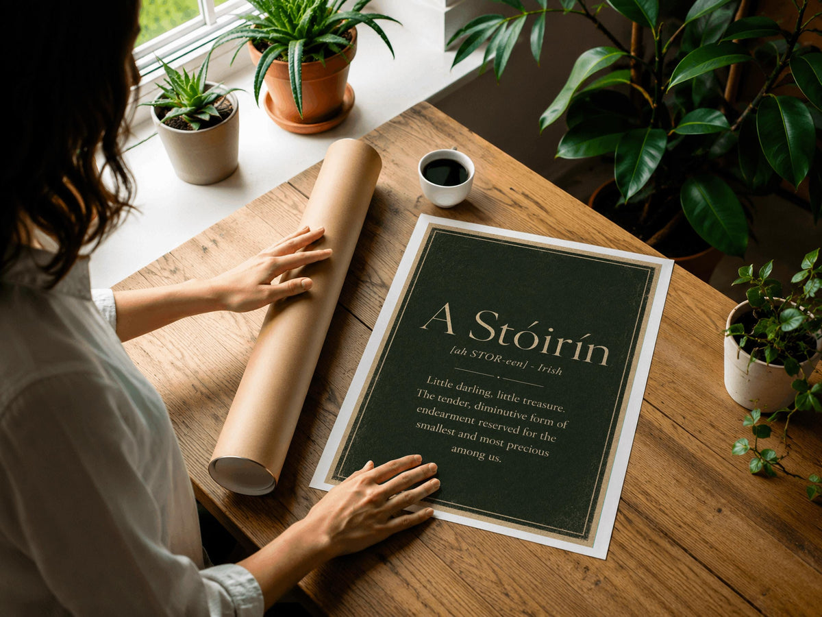 A Stóirín Irish definition print – wooden frame mockup