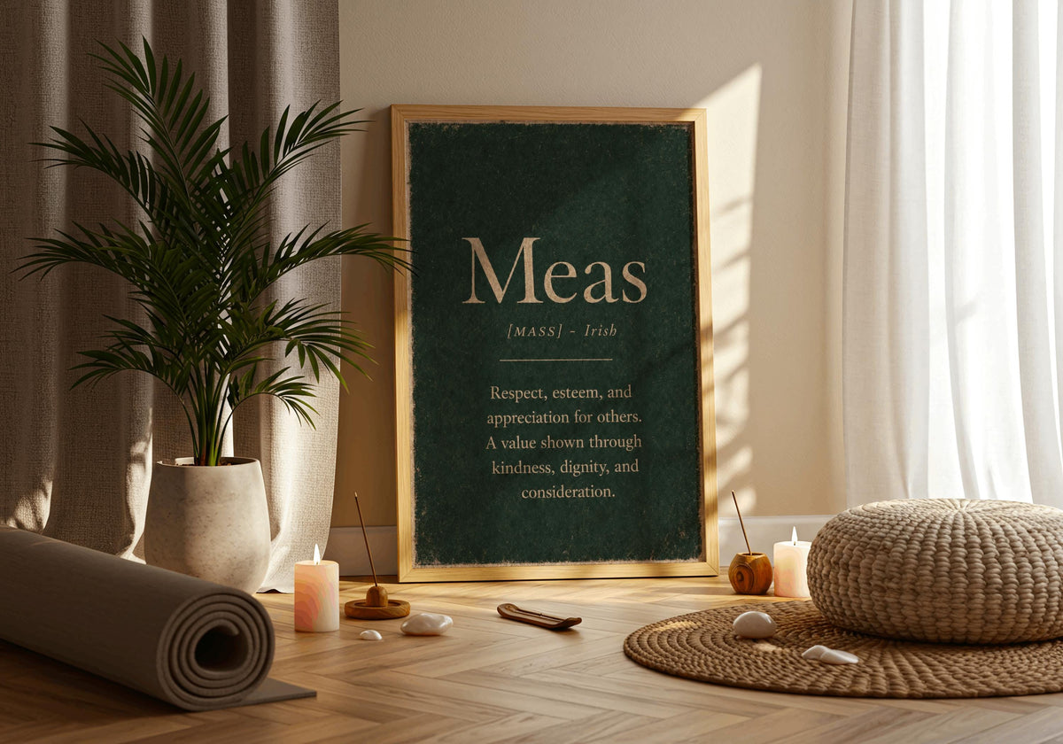 Meas Irish definition print – landscape framed wall mockup