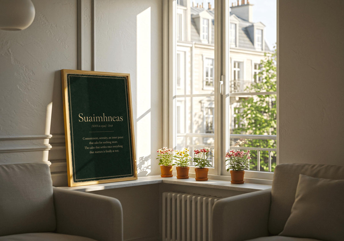 Suaimhneas Irish definition print – wooden frame mockup