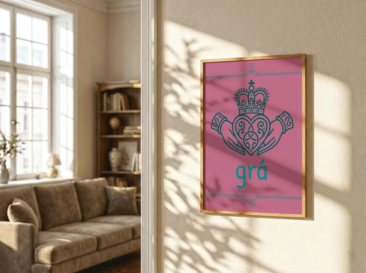 Crowned Claddagh Grá Irish print – room mockup 2