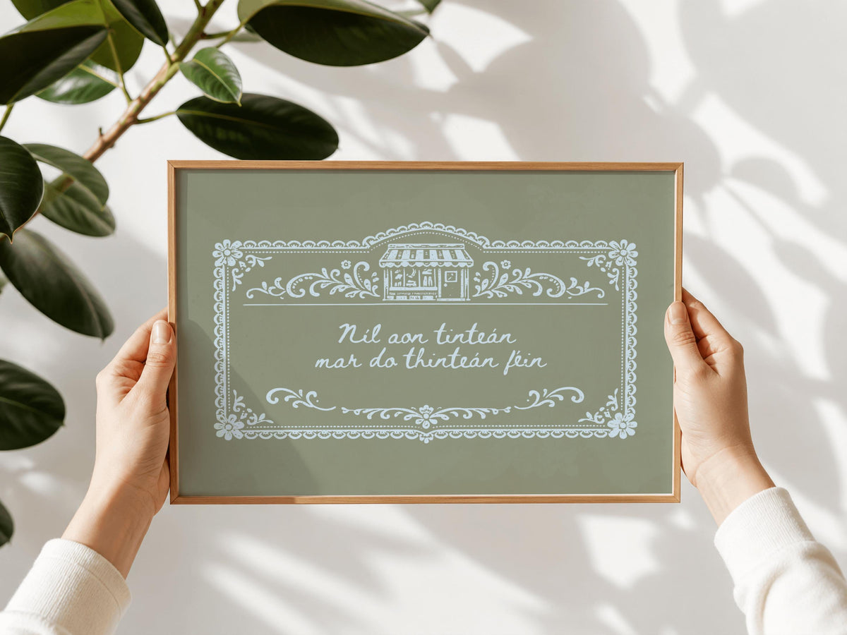 Hearth and Home Irish proverb print – living room mockup