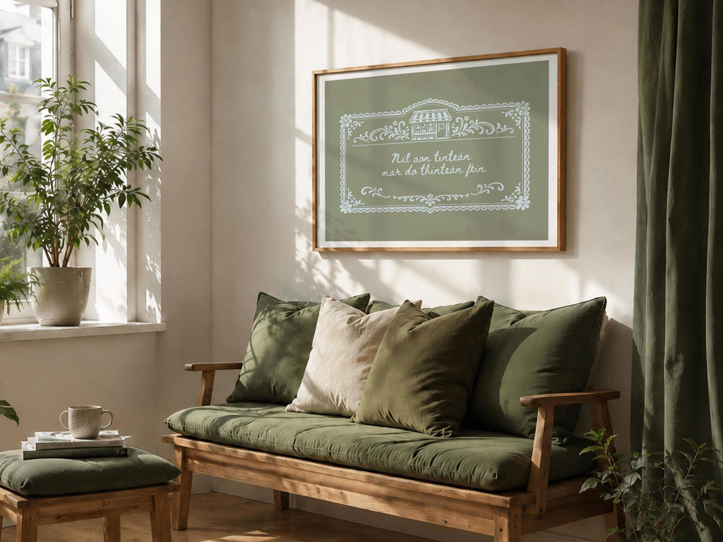 Hearth and Home Irish proverb print – shelf styling