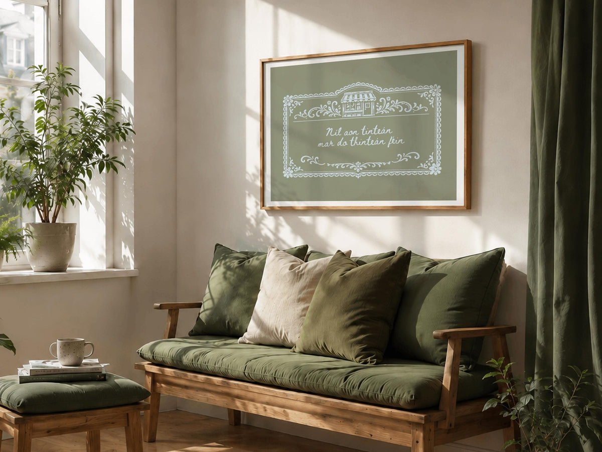 Hearth and Home Irish proverb print – shelf styling