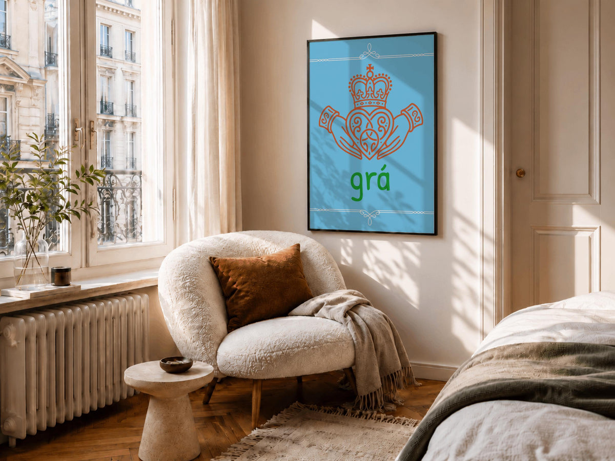 Crowned Claddagh Grá Irish print – room mockup 1
