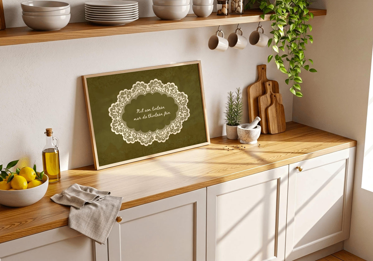 Níl aon tinteán lace doily Irish print – wall mockup 1