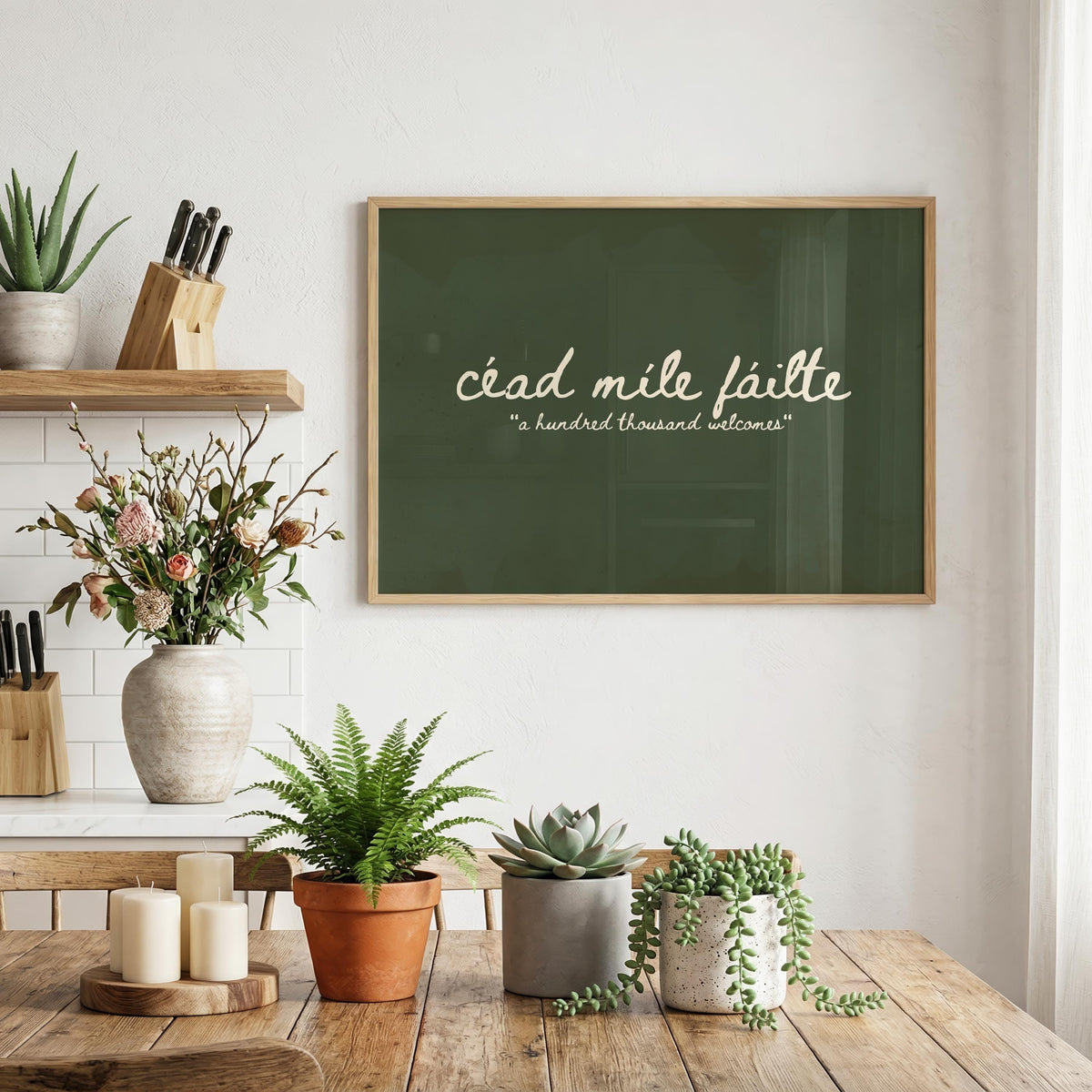 Céad Míle Fáilte sage green Irish print – wall mockup 1