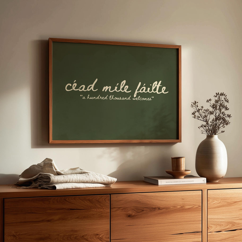Céad Míle Fáilte sage green Irish print – wall mockup 3