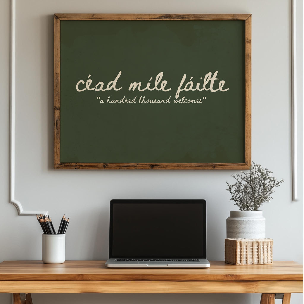 Céad Míle Fáilte sage green Irish print – wall mockup 5