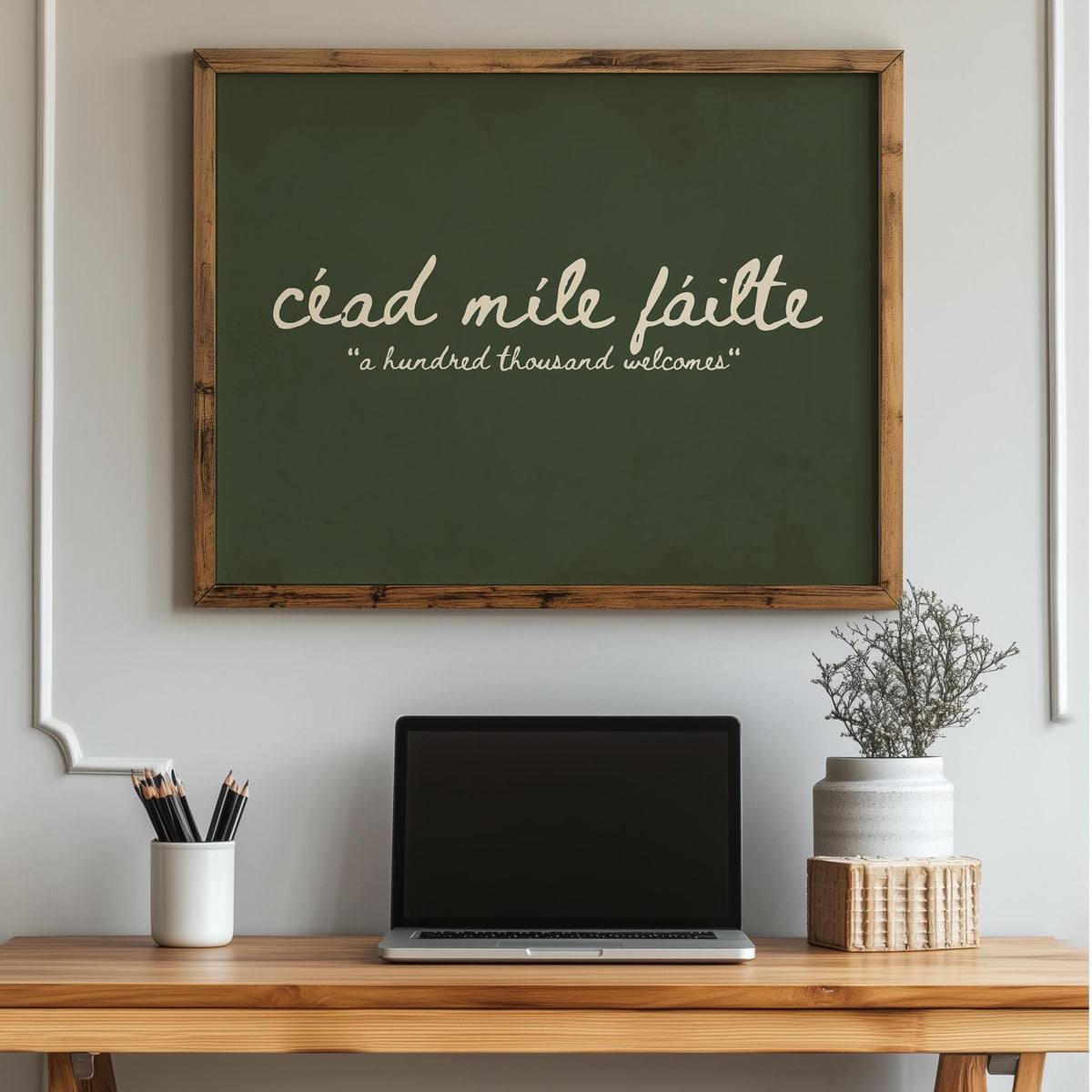 Céad Míle Fáilte sage green Irish print – wall mockup 5