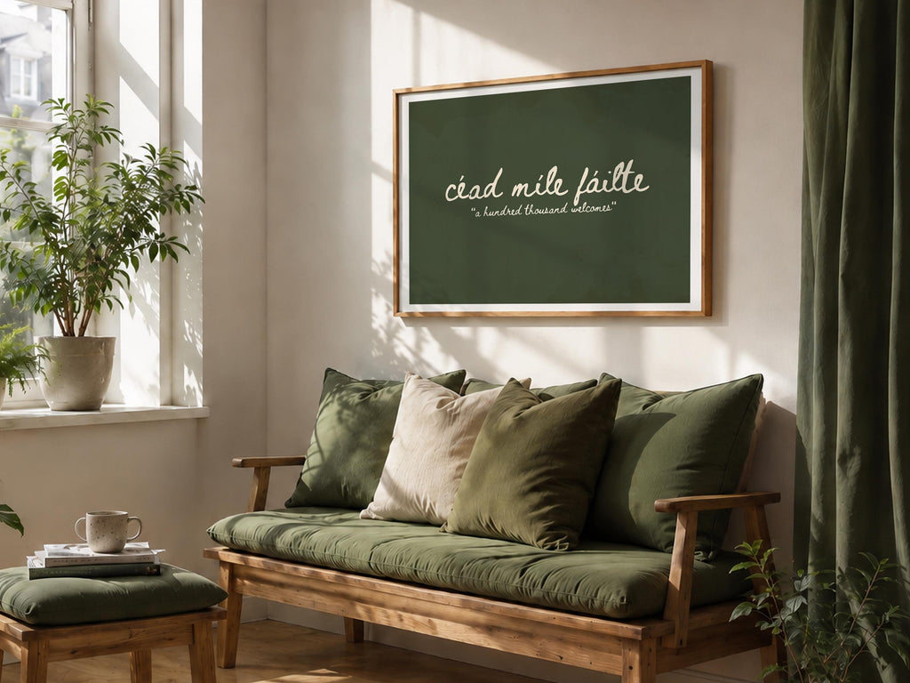 Céad Míle Fáilte sage green Irish print – wall mockup 6