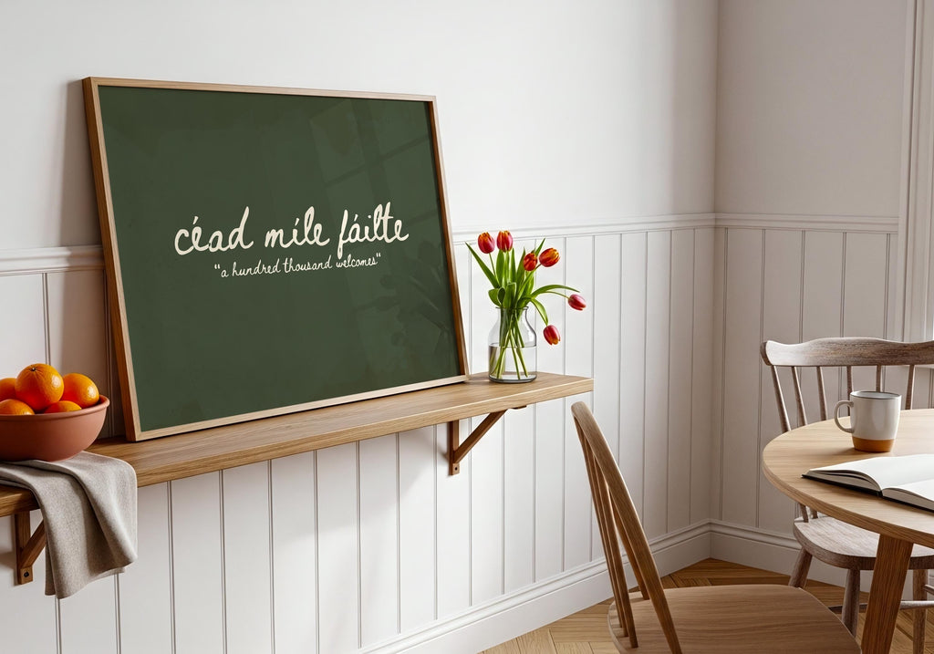 Céad Míle Fáilte sage green Irish print – wall mockup 2