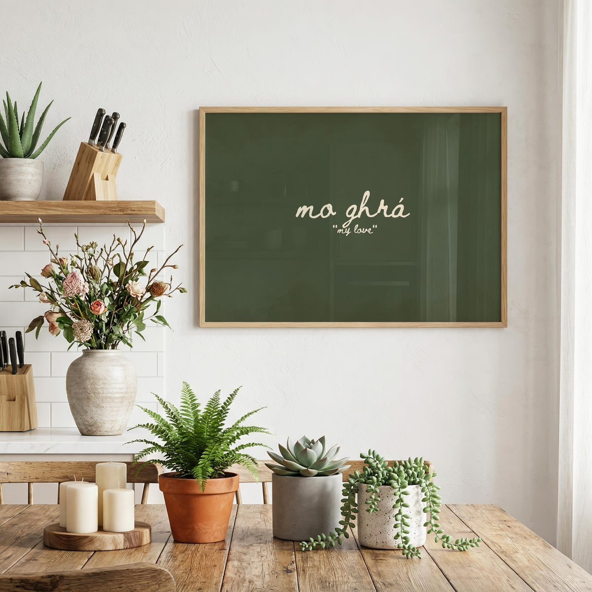Mo Ghrá Olive Irish print – room mockup 2