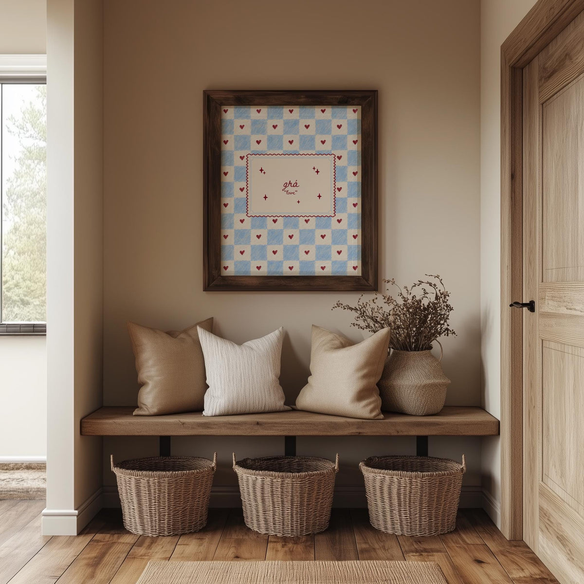 Grá Blue Gingham Postcard Irish print – room mockup 4