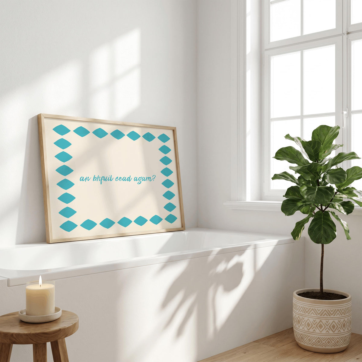 An Bhfuil Cead Agam teal diamond Irish print – wall mockup 5