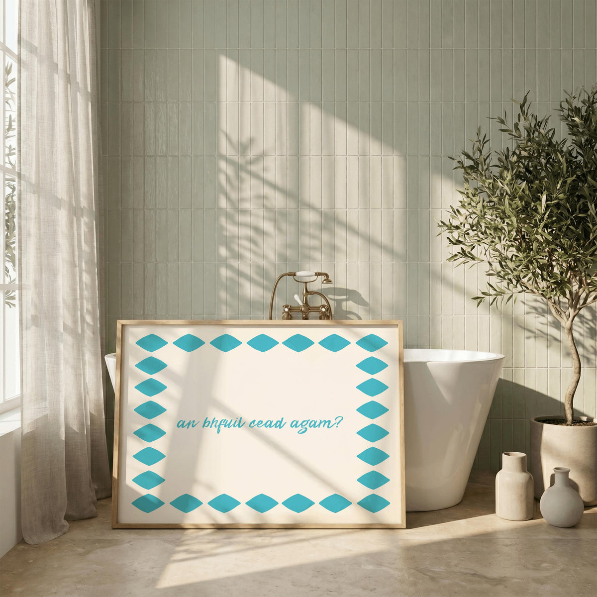 An Bhfuil Cead Agam teal diamond Irish print – wall mockup 2