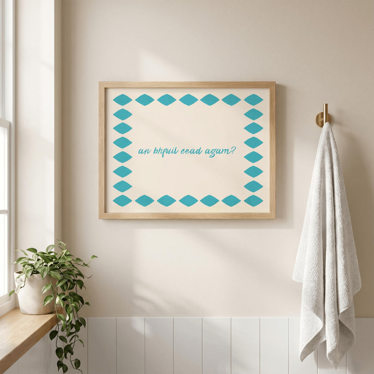 An Bhfuil Cead Agam teal diamond Irish print – wall mockup 3