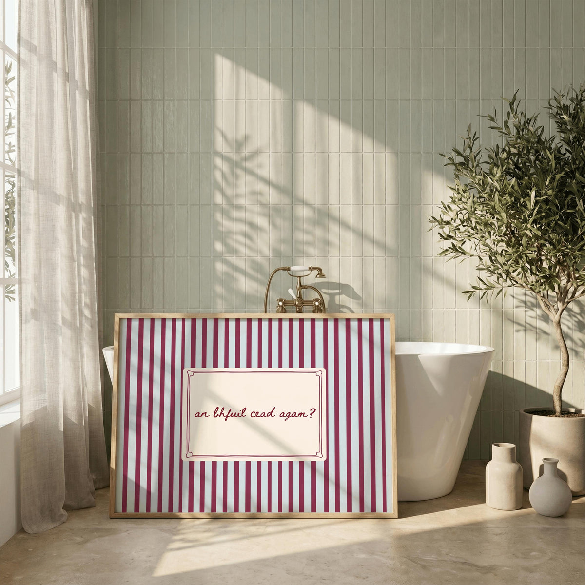 An Bhfuil Cead Agam bathroom Irish print – wall mockup 2