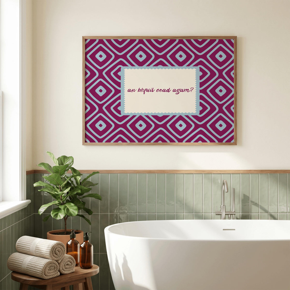 An Bhfuil Cead Agam geometric Irish print – wall mockup 1