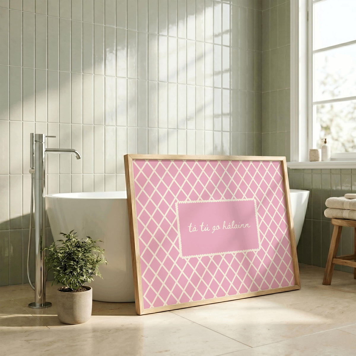 Tá tú go hálainn pink trellis Irish print – wall mockup 3