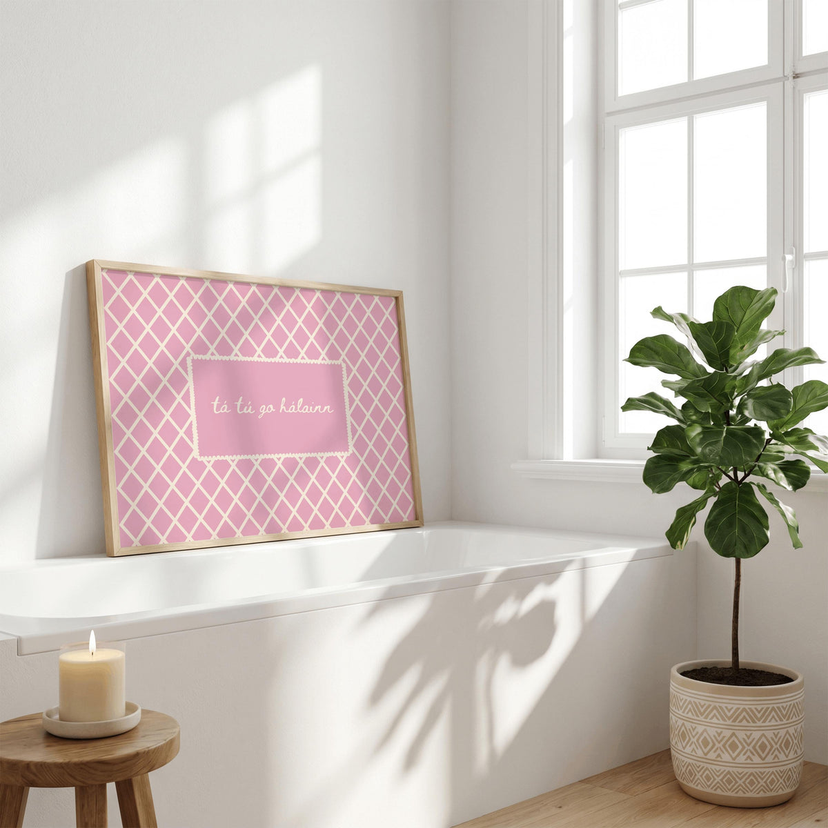 Tá tú go hálainn pink trellis Irish print – wall mockup 4